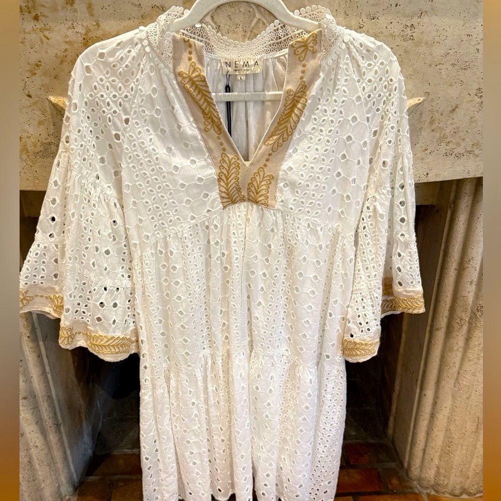 NEMA White and Tan Eyelet Dress